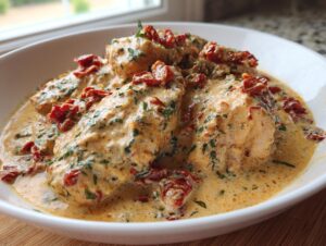 Close-up of tender chicken breasts smothered in a creamy sauce with sun-dried tomatoes and herbs, representing Crockpot Marry Me Chicken.
