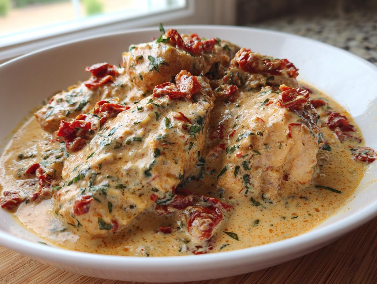 Close-up of tender chicken breasts smothered in a creamy sauce with sun-dried tomatoes and herbs, representing Crockpot Marry Me Chicken.