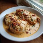 Four pieces of chicken breasts smothered in creamy sauce and topped with sun-dried tomatoes for crockpot marry me chicken.