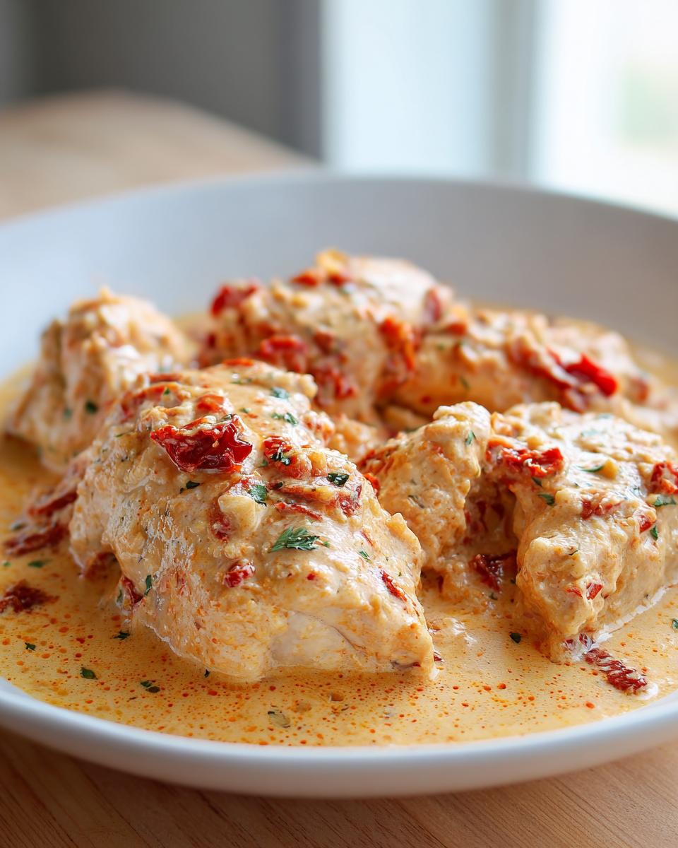 Close-up of tender chicken breasts smothered in creamy sauce with sun-dried tomatoes, part of the crockpot marry me chicken recipe.