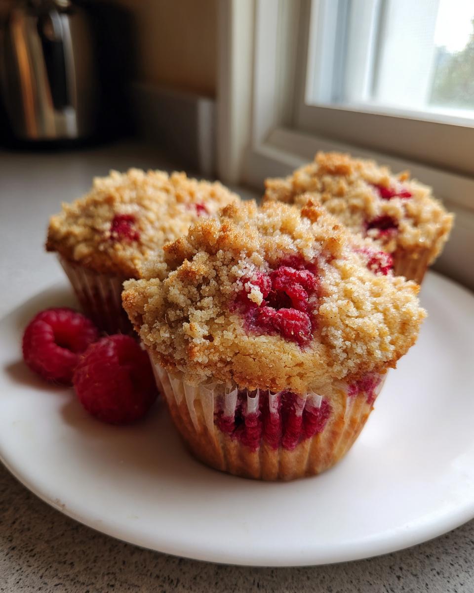 Three freshly baked raspberry muffins with a golden crumb topping sitting on a white plate next to fresh raspberries.
