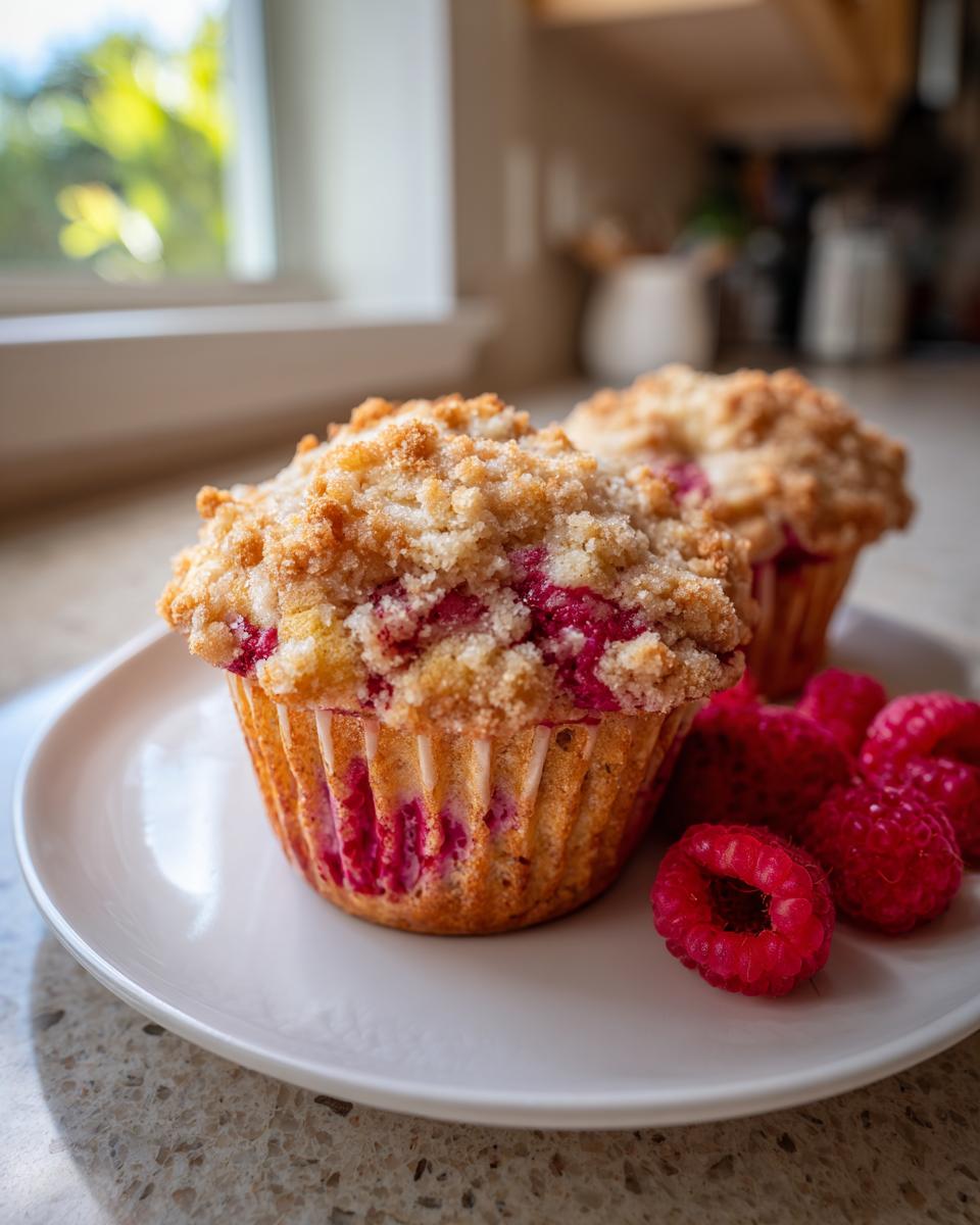A close-up of two delicious raspberry muffins with a crumb topping, served on a white plate with fresh raspberries.