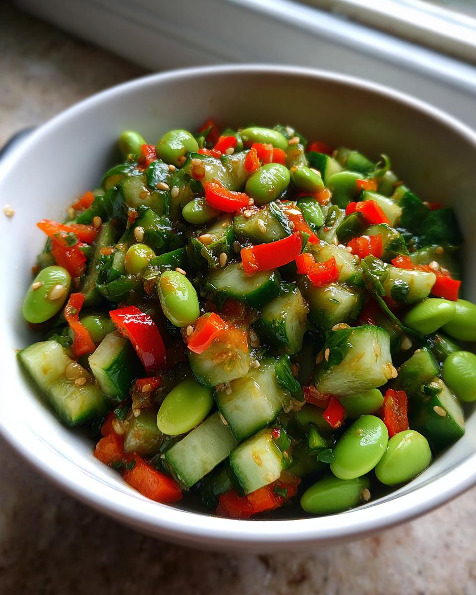 Close-up of a refreshing cucumber edamame salad mixed with diced red peppers and sesame seeds.