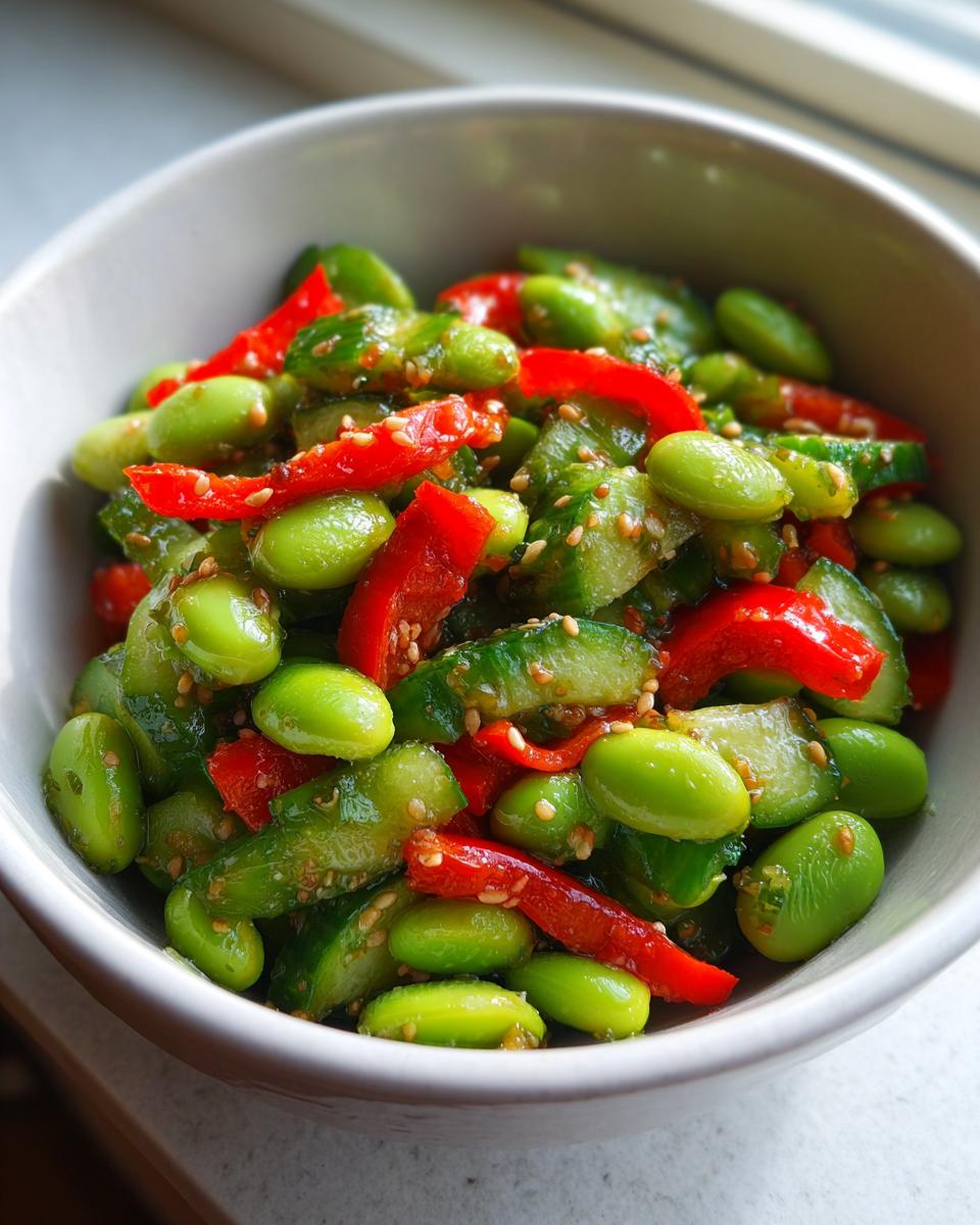 Close-up of a vibrant cucumber edamame salad with bright red pepper strips and sesame seeds in a white bowl.