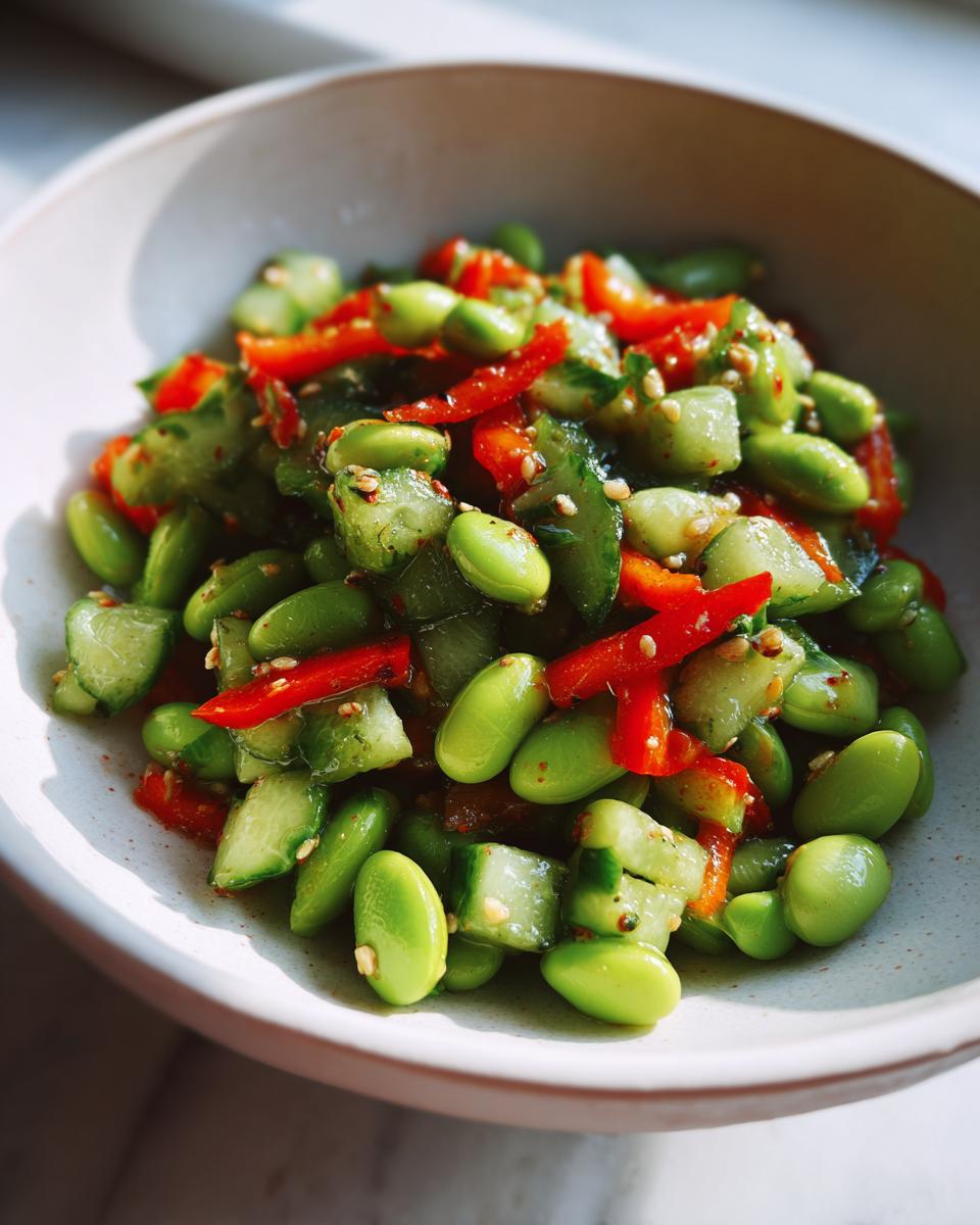 Close-up of a vibrant cucumber edamame salad with red pepper strips and sesame seeds in a light bowl.