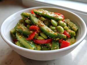 A close-up of a vibrant cucumber edamame salad mixed with red peppers and sesame seeds, served in a white bowl.