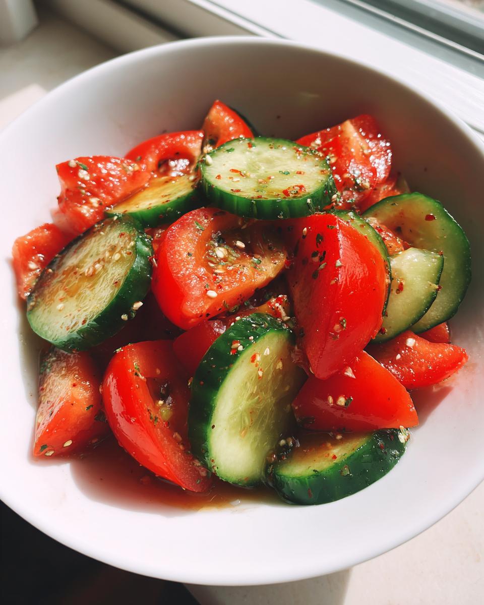 Close-up of a vibrant cucumber tomato salad, featuring thick slices of cucumber and wedges of bright red tomato, seasoned with spices.