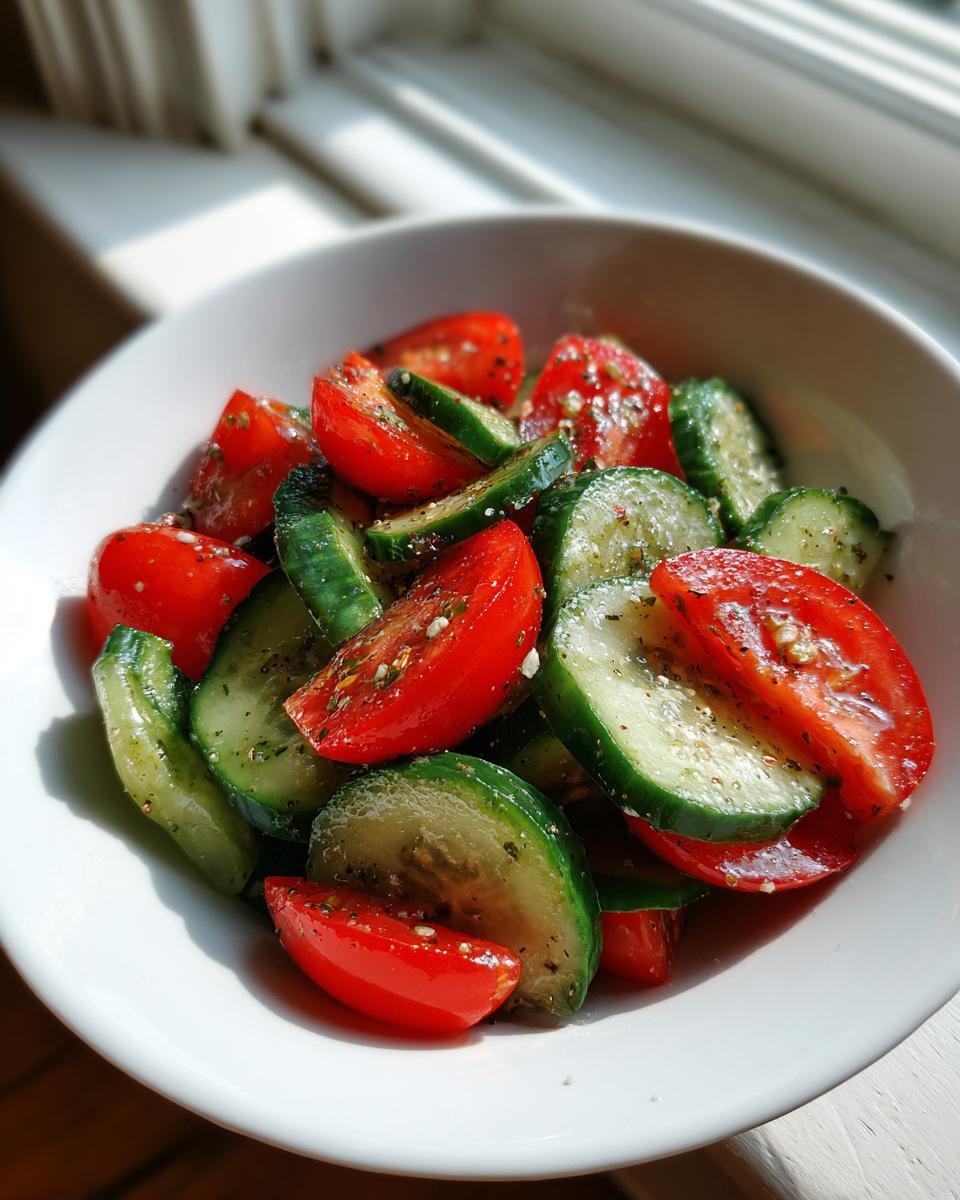 Close-up of a fresh cucumber tomato salad, seasoned with herbs, served in a white bowl near a window.