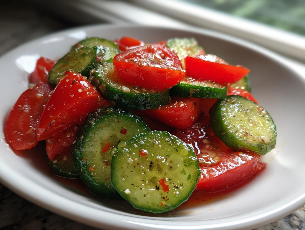 Close-up of a fresh cucumber tomato salad, featuring sliced cucumbers and tomatoes coated in a light dressing and seasonings.