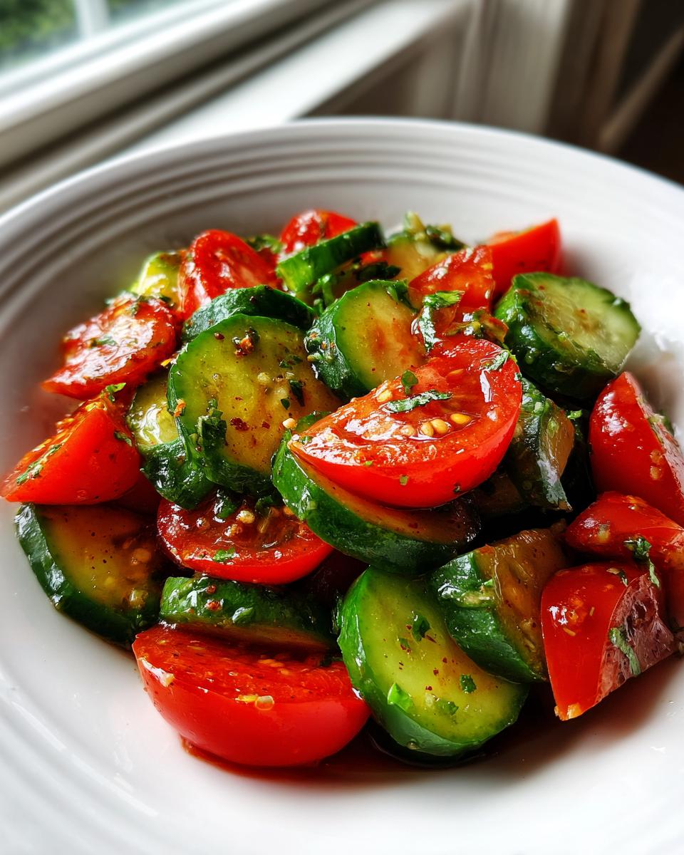 Close-up of a vibrant cucumber tomato salad tossed in a light dressing, served in a white bowl.