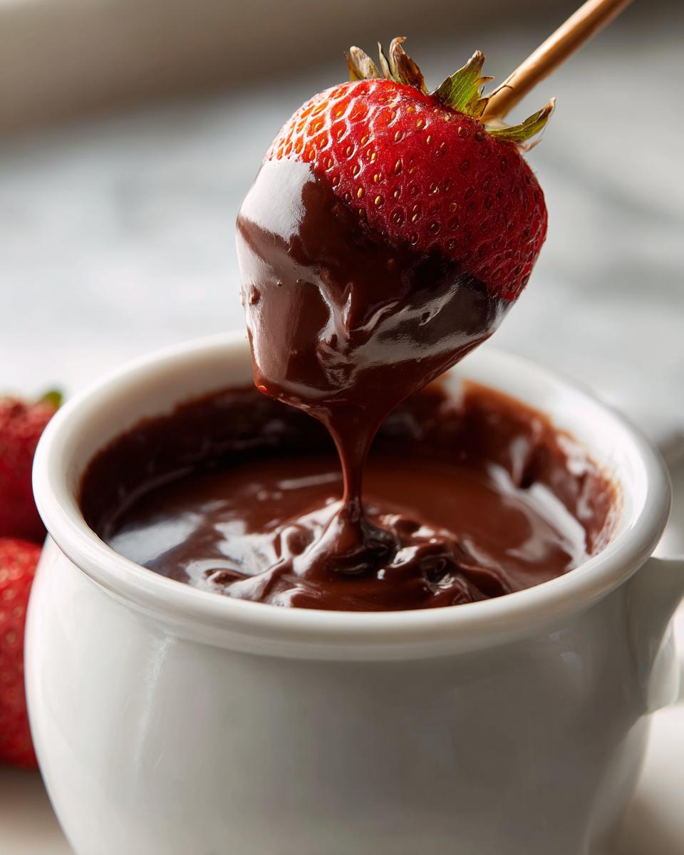 A fresh strawberry being dipped into a white bowl of smooth, melted chocolate fondue.