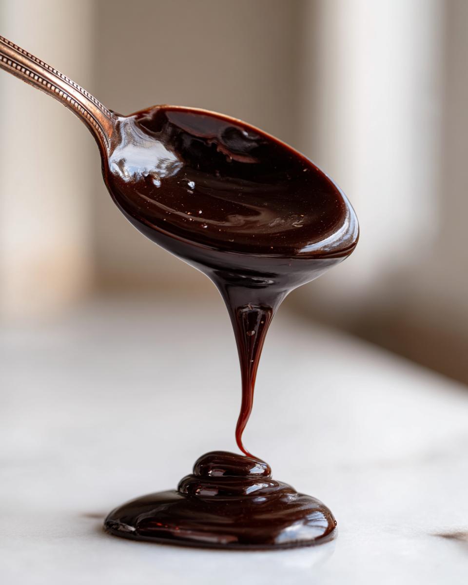 Thick, glossy homemade chocolate syrup dripping from an antique spoon onto a white surface.