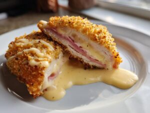 A close-up of a halved chicken cordon bleu showing melted cheese and ham spilling out onto a white plate with creamy sauce.