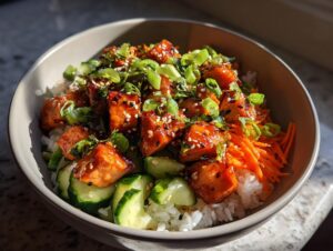 Close-up of a glazed salmon bowl featuring teriyaki salmon cubes over rice, topped with sesame seeds, green onions, cucumbers, and shredded carrots.