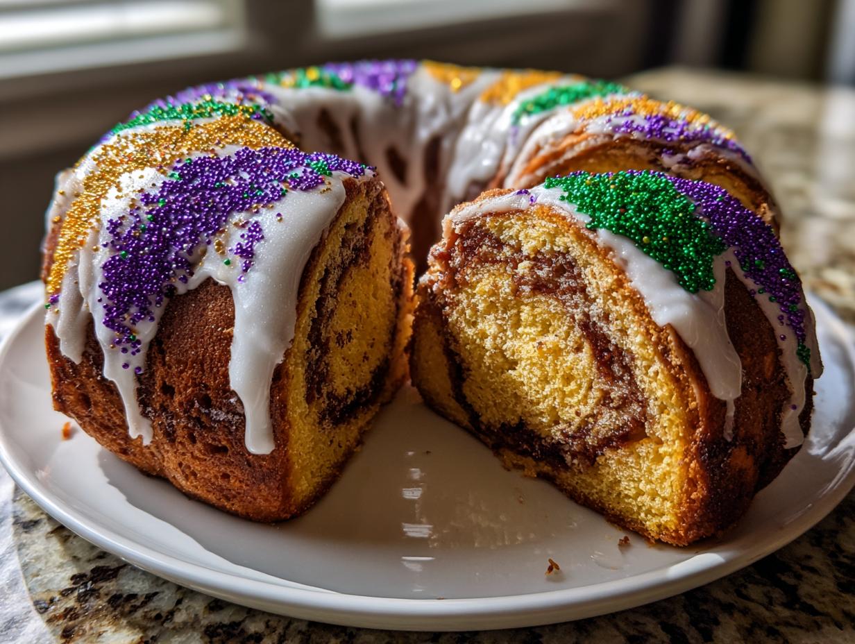 A sliced, ring-shaped King Cake covered in white icing and purple, green, and gold Mardi Gras sprinkles.