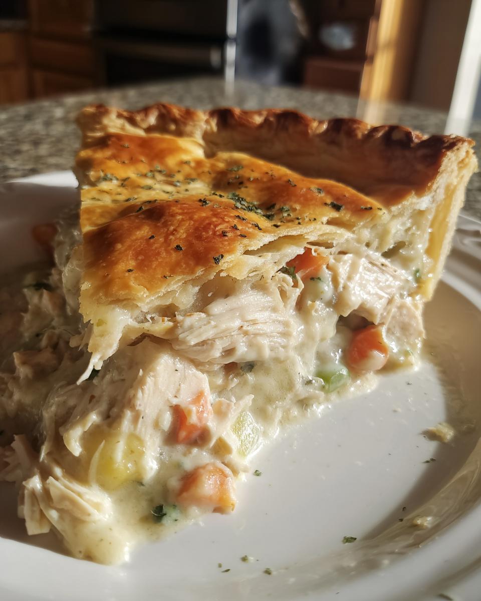 A generous slice of homemade chicken pot pie showing flaky golden crust and creamy filling loaded with shredded chicken and vegetables.