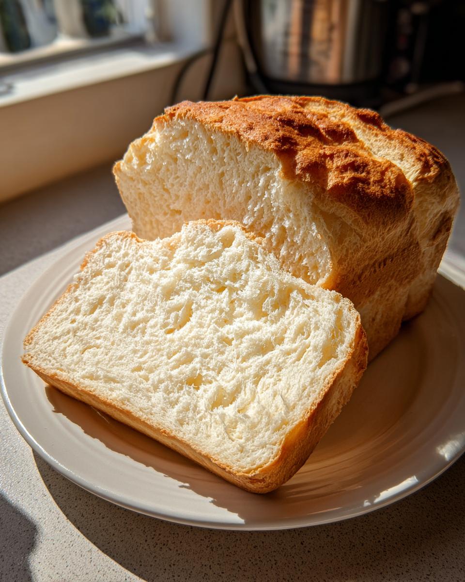 A thick slice of fluffy, white carnivore bread resting against the main loaf on a plate, illuminated by sunlight.