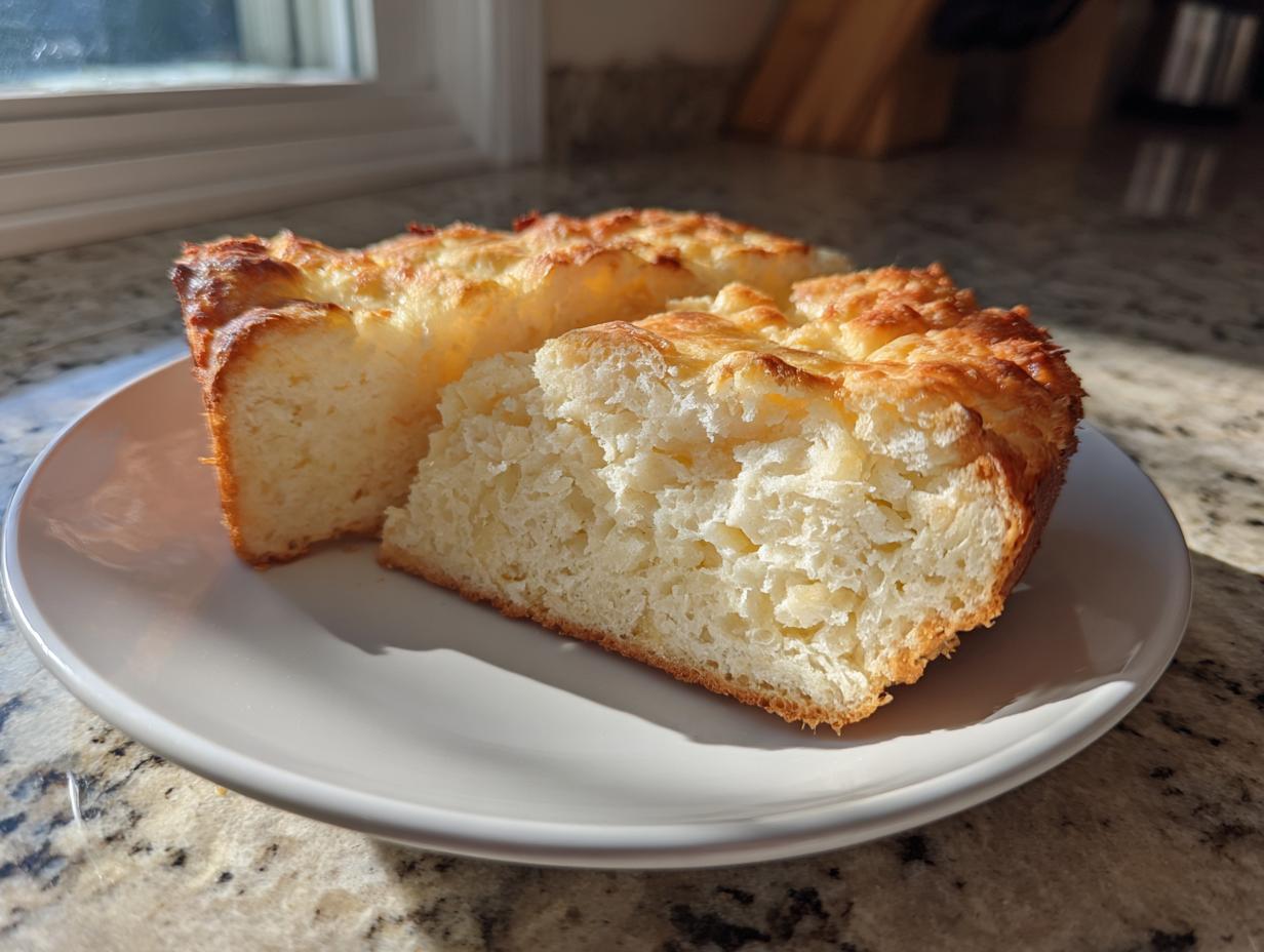 A thick slice of light, fluffy carnivore bread showing its airy texture, served on a white plate.