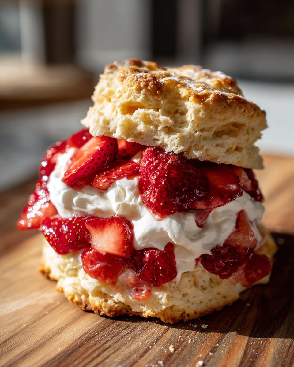 A close-up of a fluffy biscuit split and filled with whipped cream and macerated strawberries for a delicious shortcake.