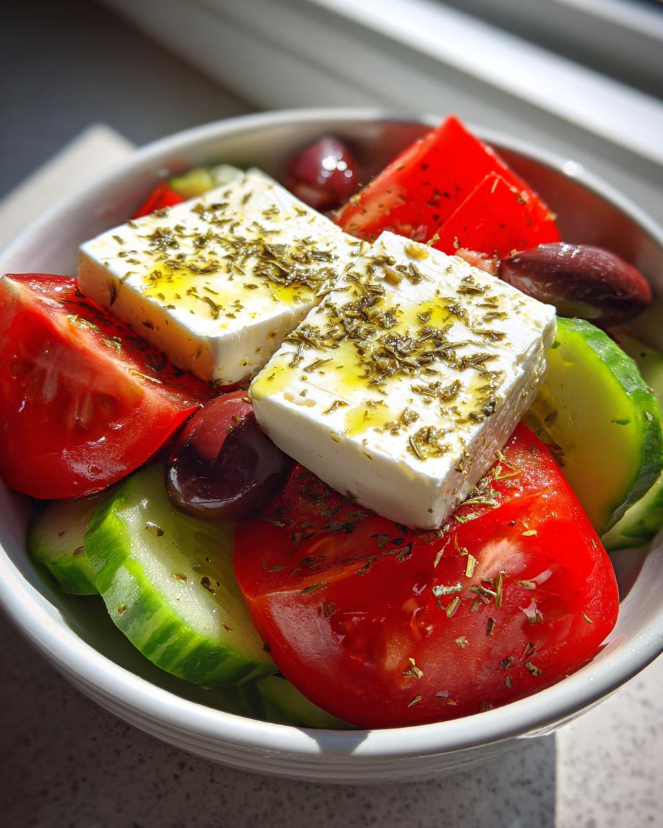 Close-up of a fresh greek salad featuring thick slices of tomato, cucumber, Kalamata olives, and two blocks of feta cheese drizzled with olive oil and oregano.