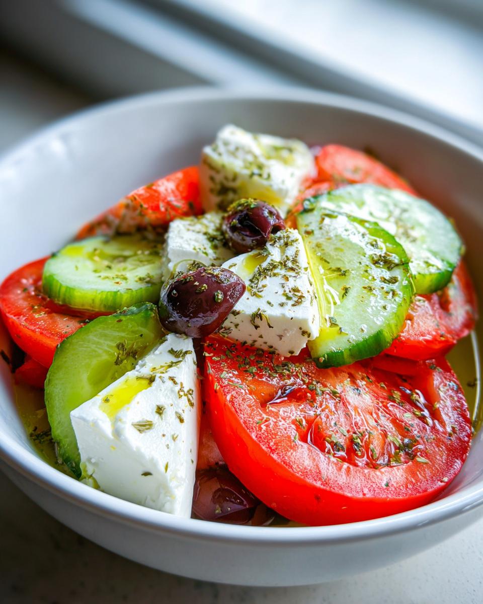 Close-up of a bowl containing a fresh greek salad with thick slices of tomato, cucumber, feta cheese, and Kalamata olives drizzled with olive oil.