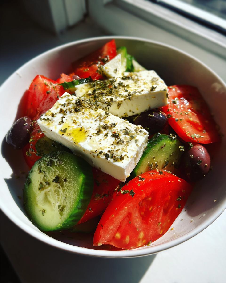 Close-up of a fresh greek salad featuring large chunks of feta cheese, bright red tomatoes, cucumber, and Kalamata olives, seasoned with oregano.