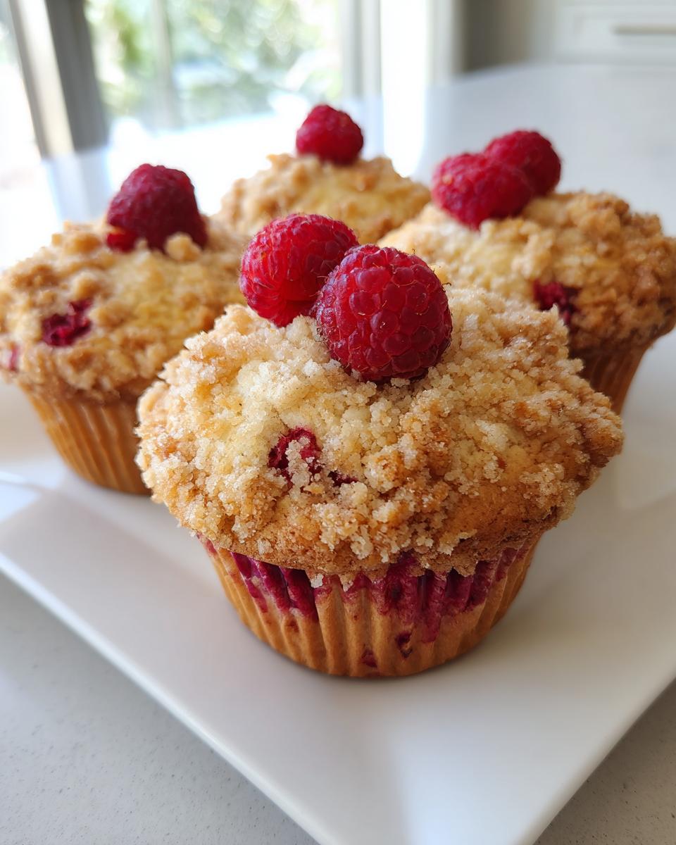 Four delicious raspberry muffins topped with fresh raspberries and a sugary streusel topping, served on a white plate.