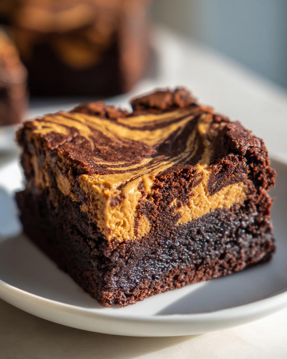 A single, rich, fudgy square of peanut butter swirl brownies resting on a white plate.