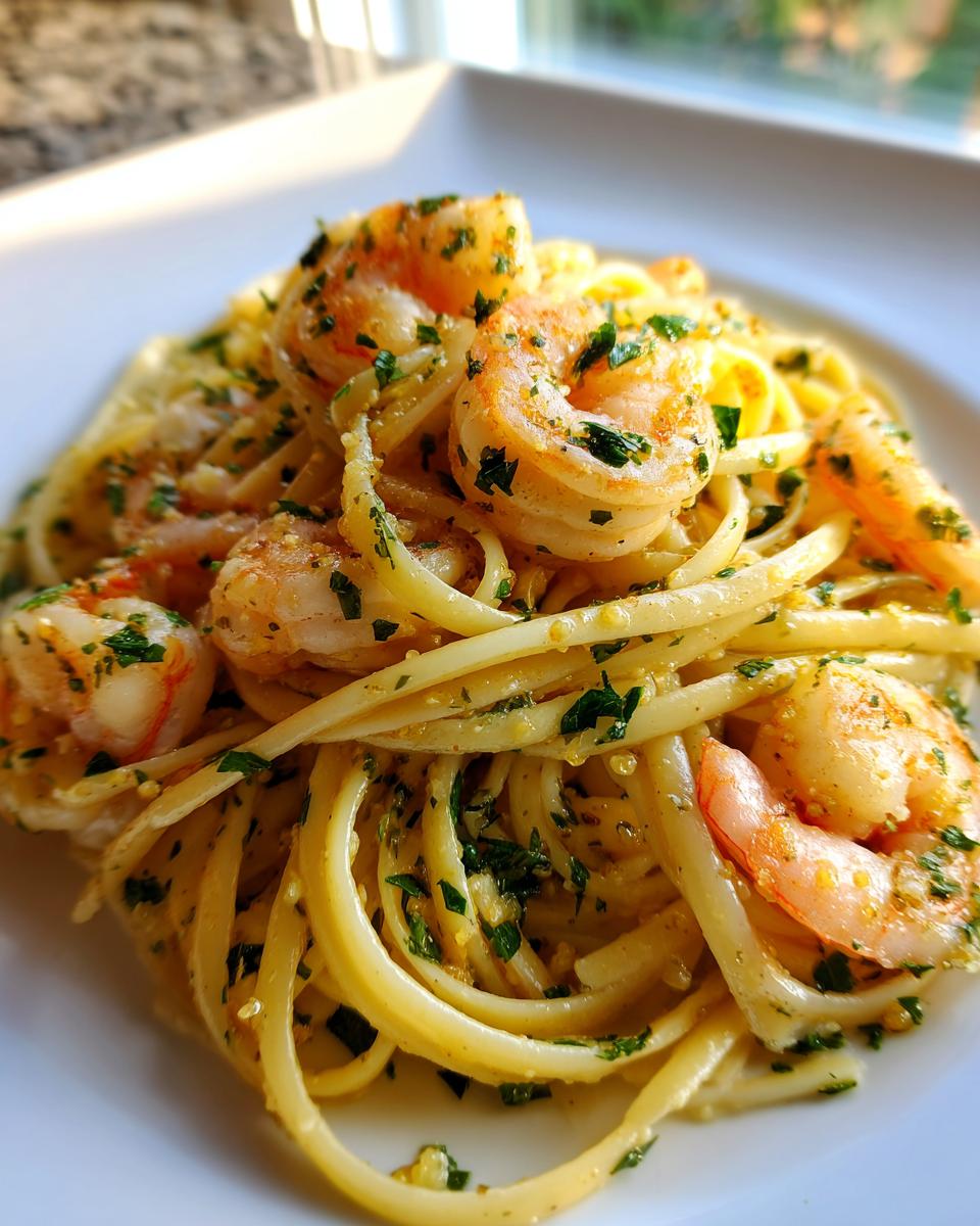 A close-up serving of delicious garlic butter shrimp pasta tossed in a rich sauce and topped with fresh parsley.