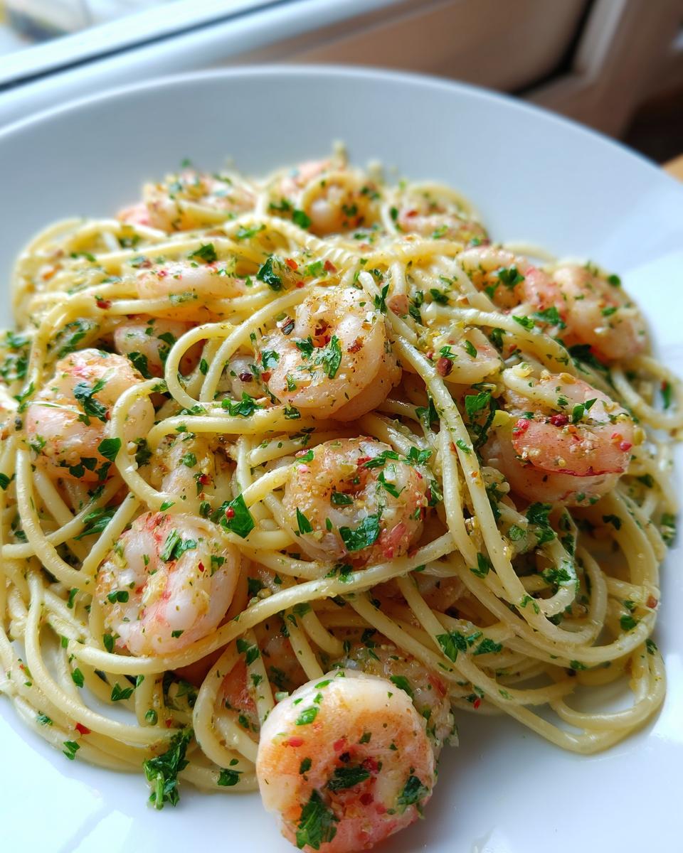 A close-up, appetizing shot of garlic butter shrimp pasta tossed with fresh parsley and seasonings in a white bowl.