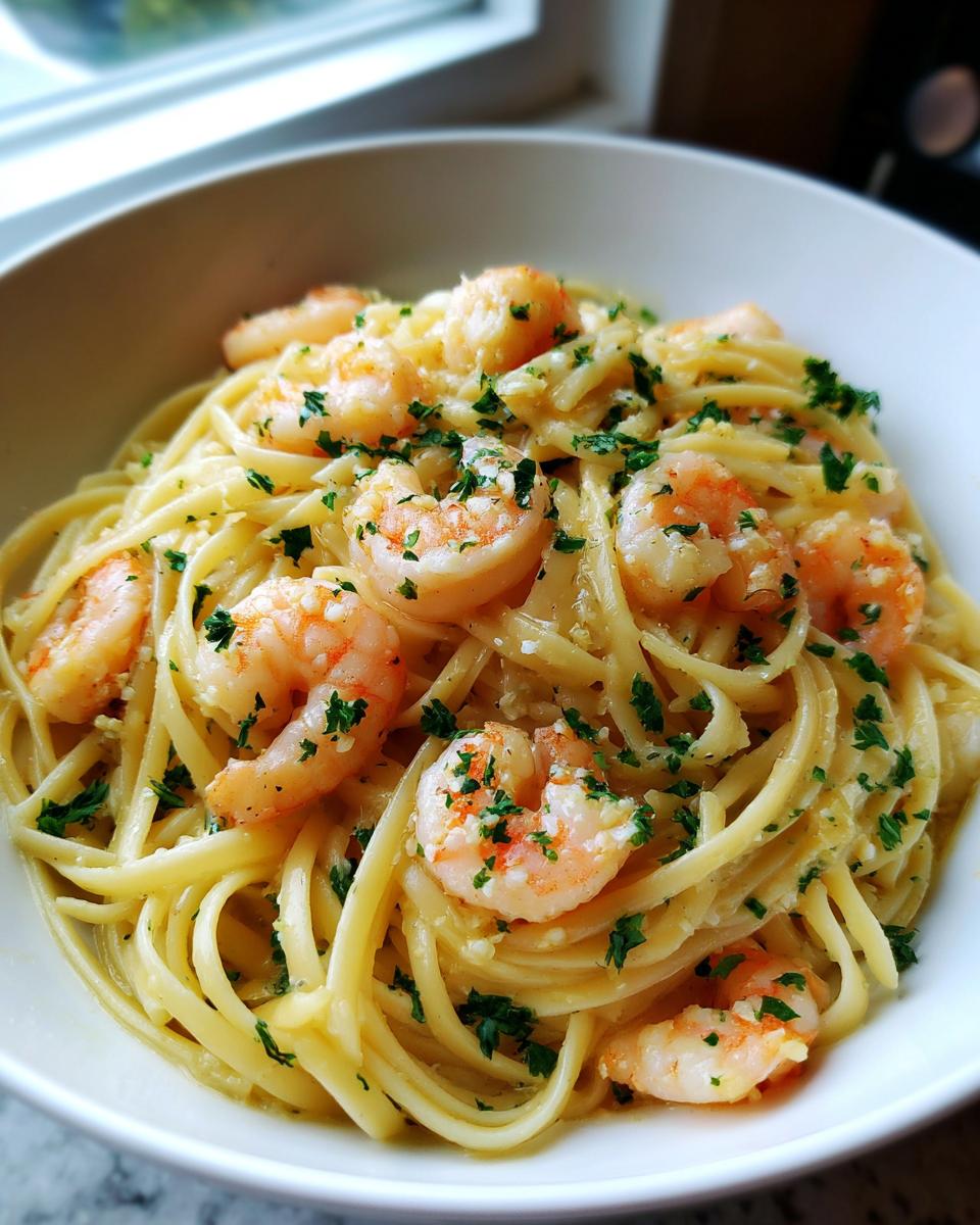 A close-up of creamy garlic butter shrimp pasta topped with fresh parsley in a white bowl.