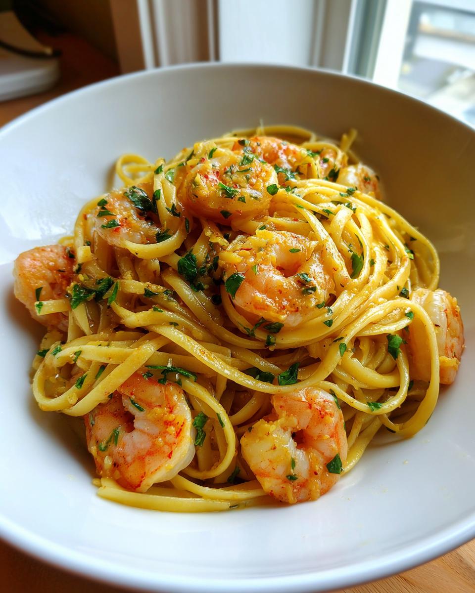 A close-up of delicious garlic butter shrimp pasta tossed in a rich sauce and garnished with fresh parsley in a white bowl.