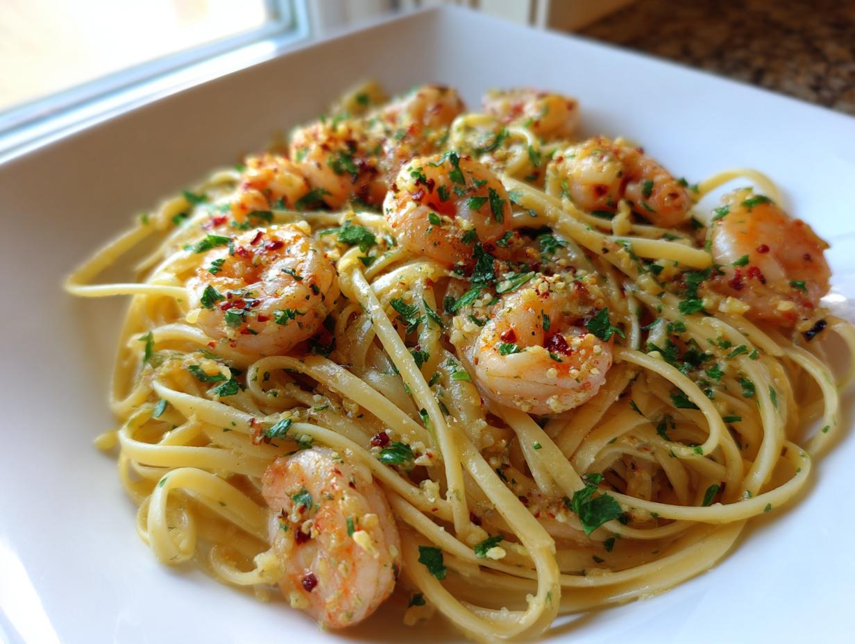 A close-up of delicious garlic butter shrimp pasta tossed with herbs and red pepper flakes, served in a white bowl.