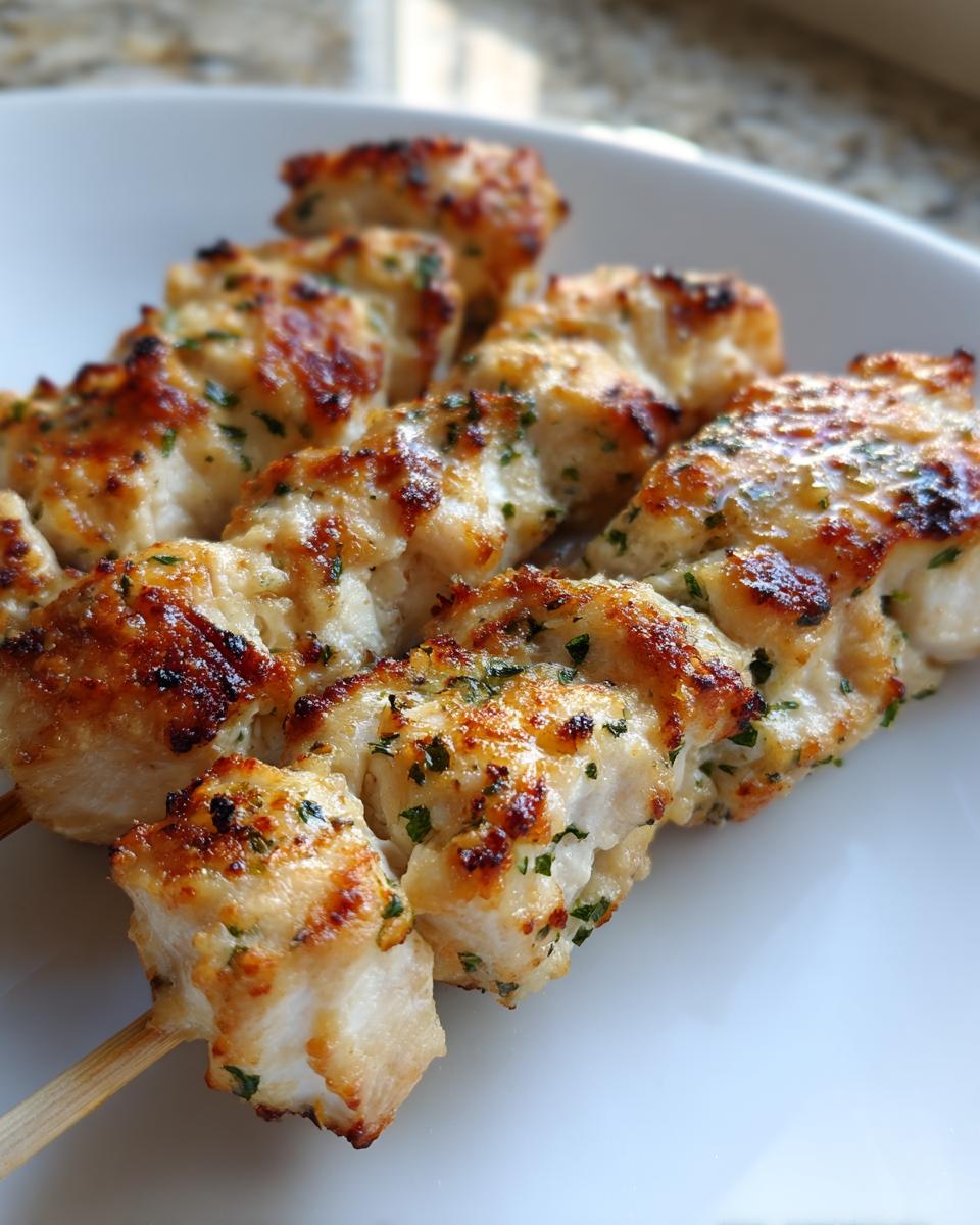 Close-up of perfectly cooked garlic parmesan chicken skewers, browned and sprinkled with herbs, served on a white plate.