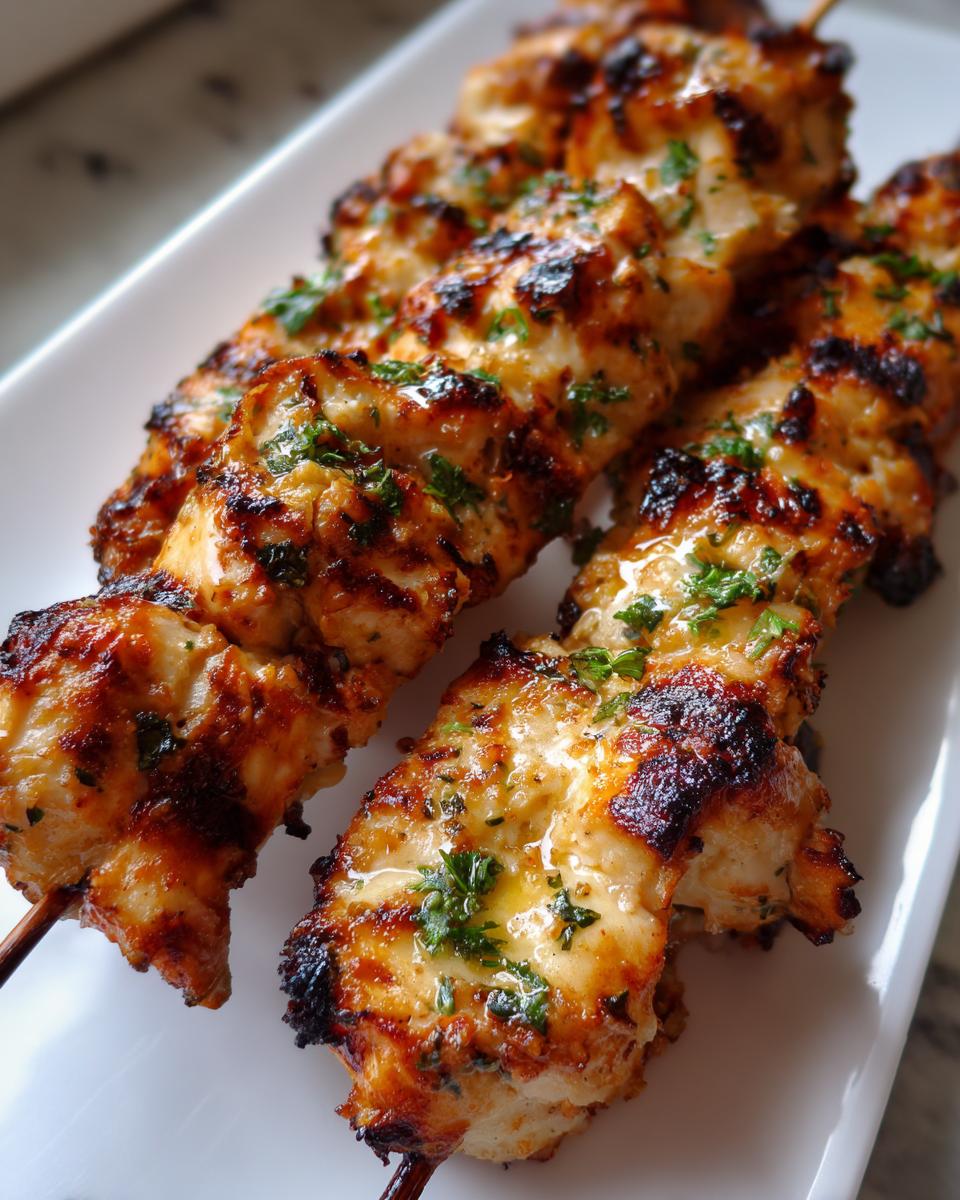 Close-up of perfectly grilled garlic parmesan chicken skewers glistening with sauce and topped with fresh parsley.