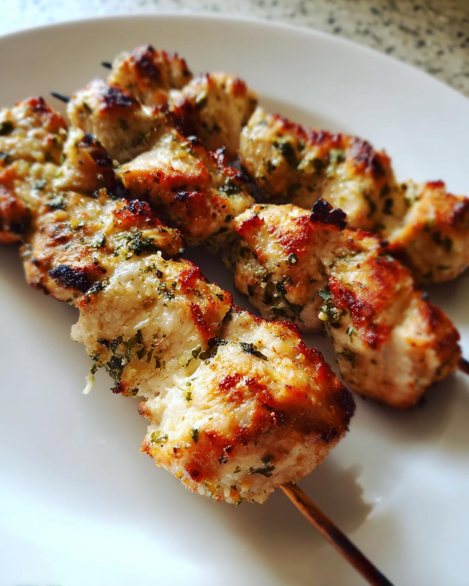 Close-up of two skewers loaded with juicy, grilled garlic parmesan chicken skewers, seasoned with herbs.