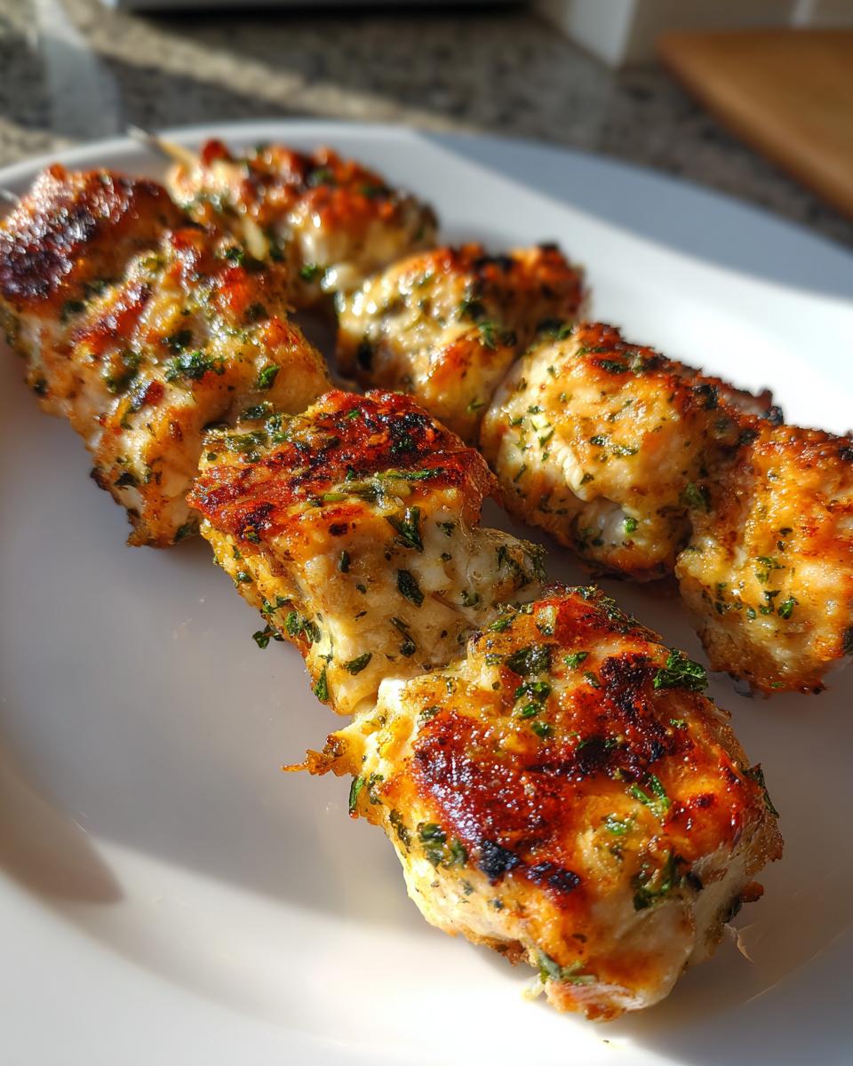 Close-up of grilled garlic parmesan chicken skewers, golden brown with visible herbs, resting on a white plate.
