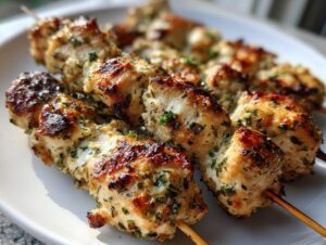 Close-up of perfectly grilled garlic parmesan chicken skewers coated in herbs and showing slight charring.
