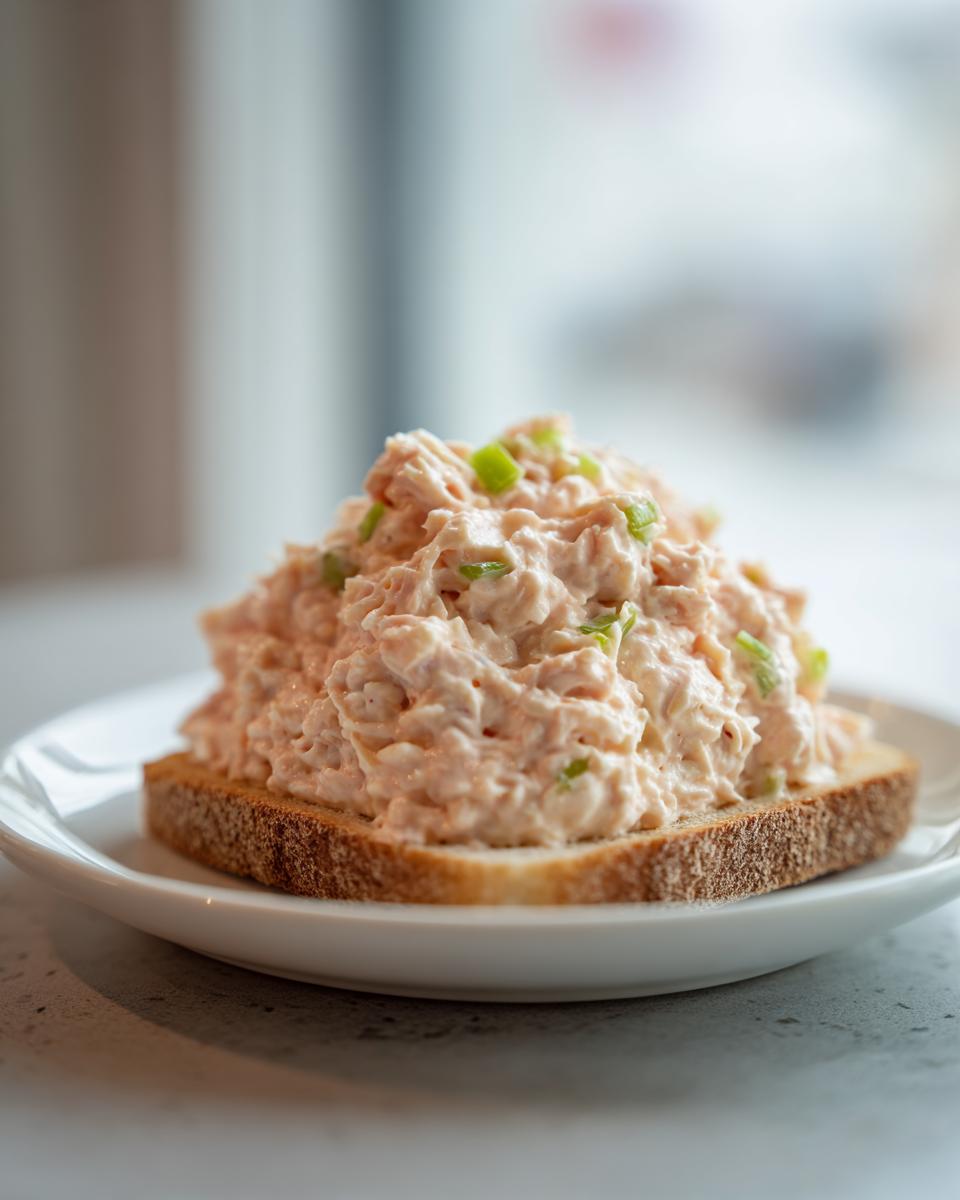 A generous mound of creamy ham salad topped with green onions served open-faced on a slice of toasted bread.