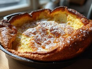 A golden brown, puffed-up German pancakes baked in a cast iron skillet, dusted with powdered sugar.