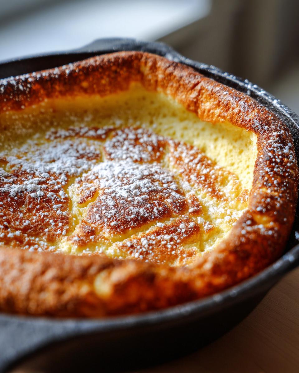Close-up of golden brown German pancakes baked in a cast iron skillet, dusted with powdered sugar.