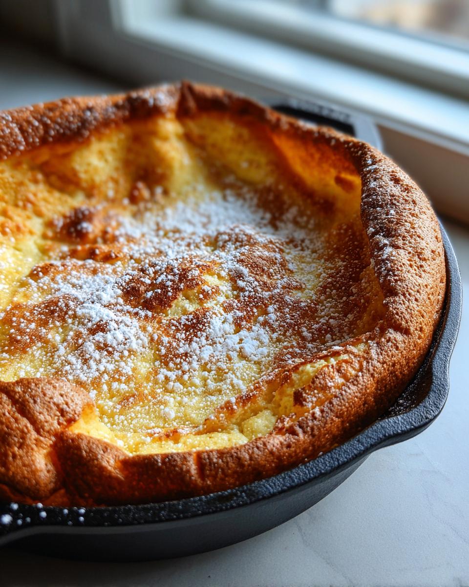 A golden brown, puffed-up German pancakes baked in a black cast iron skillet, dusted with powdered sugar.