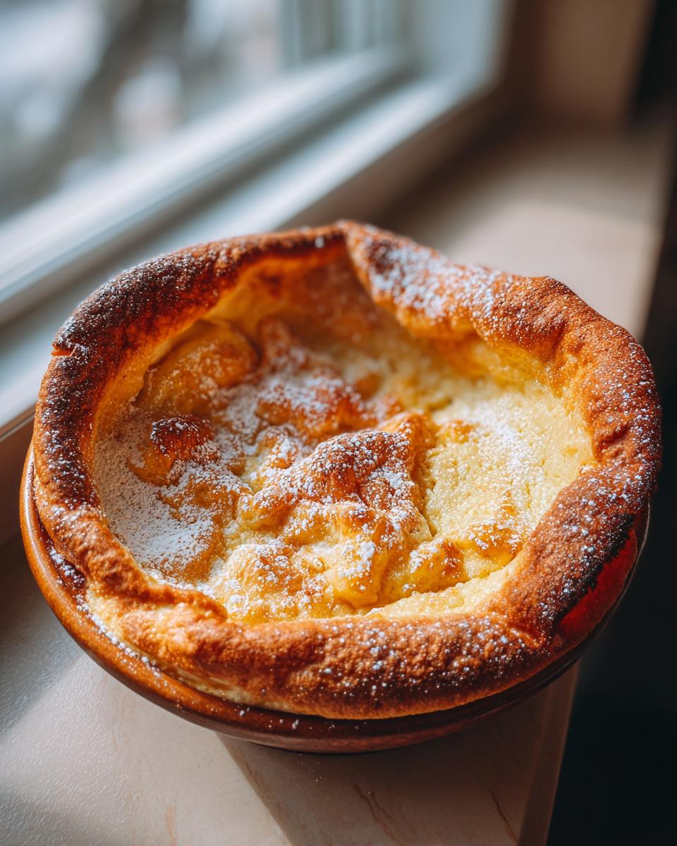 A golden-brown, puffed-up German pancakes baked in a round dish, lightly dusted with powdered sugar.