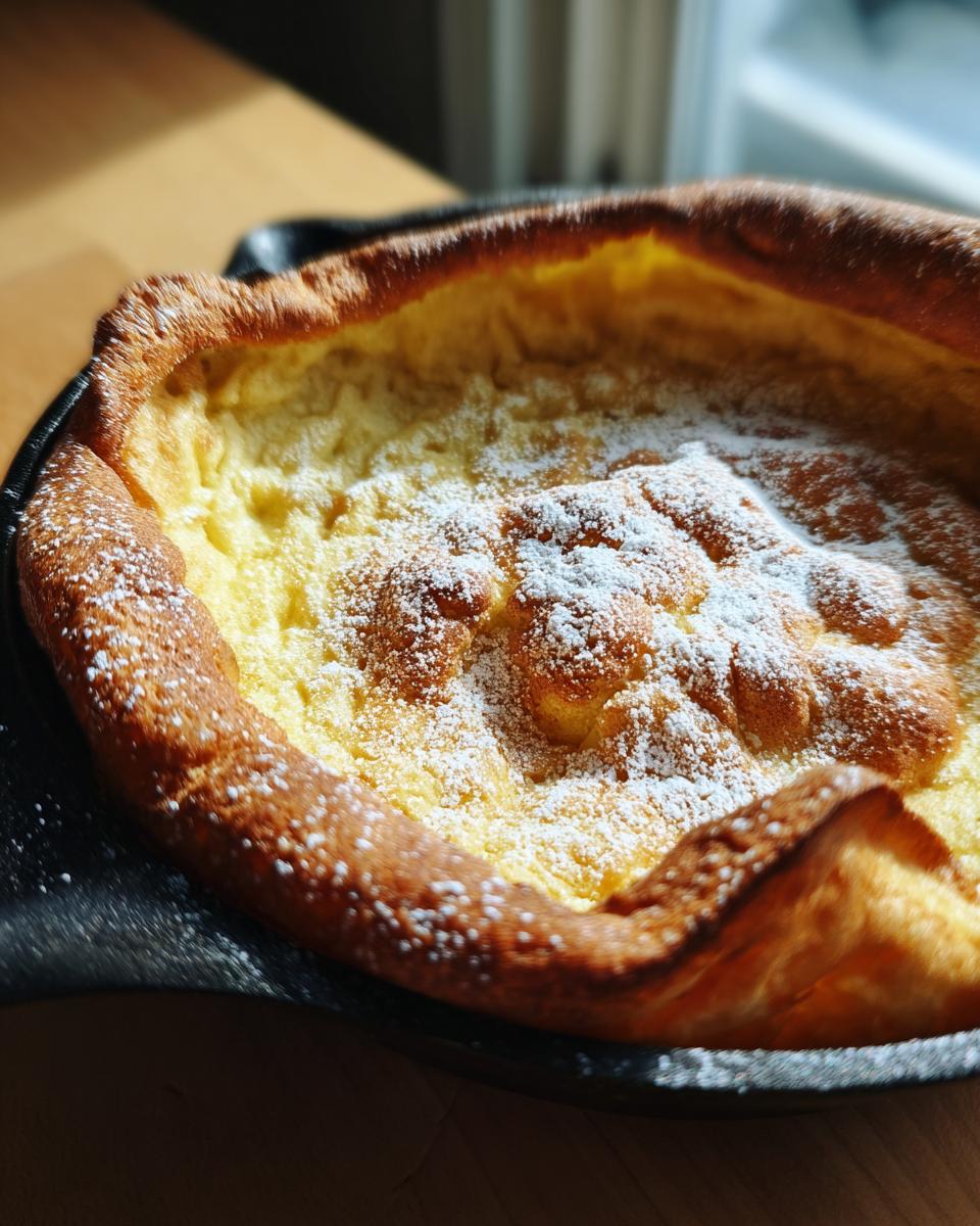 A golden brown, puffed German pancakes baked in a cast iron skillet, dusted with powdered sugar.