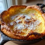 A golden brown, puffed-up German pancakes baked in a cast iron skillet and dusted heavily with powdered sugar.