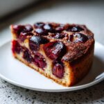 A close-up, appetizing slice of moist german plum cake topped with glistening, dark baked plums or cherries.
