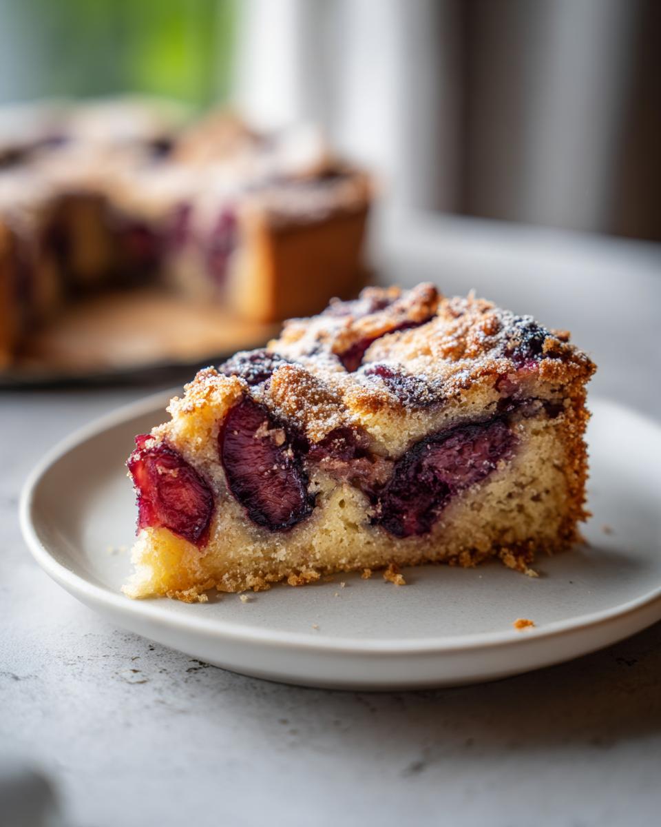 A close-up of a moist slice of german plum cake, featuring baked plums and a sugary crumb topping, served on a light plate.