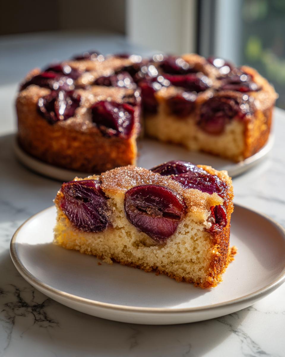A close-up slice of moist german plum cake topped with baked plums and coarse sugar.