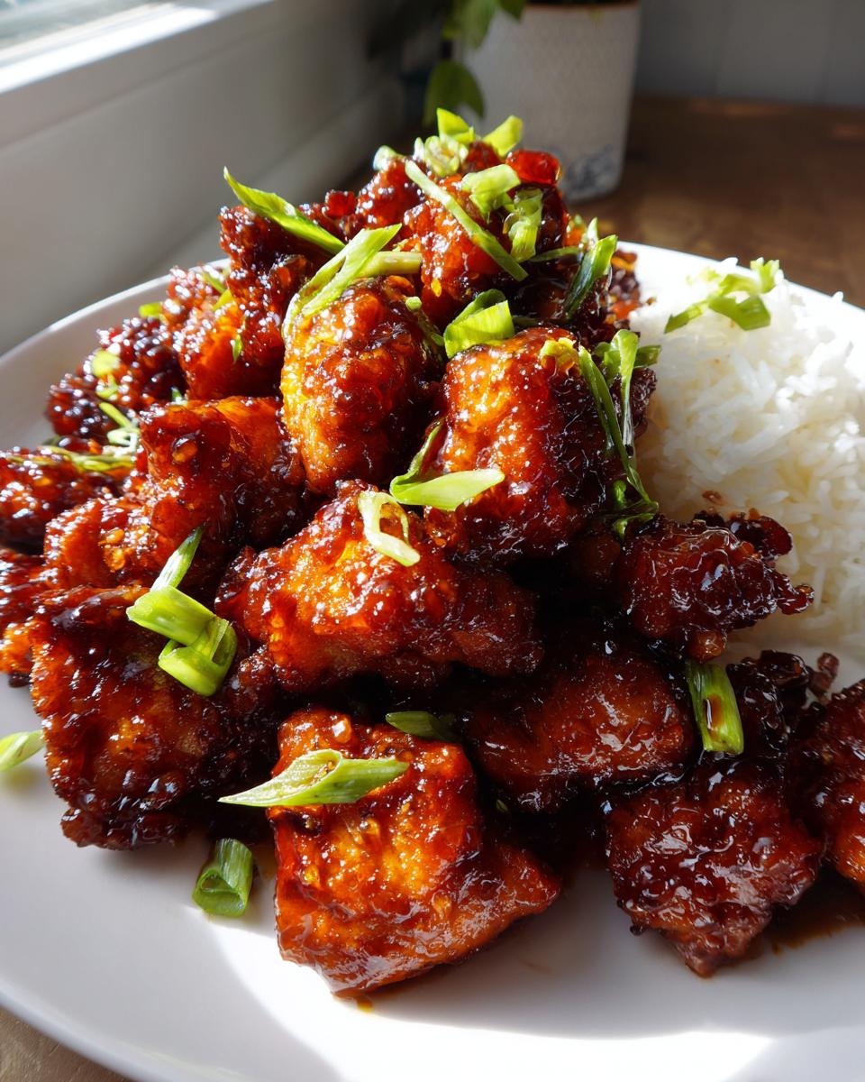 Close-up of sticky, glazed honey garlic chicken pieces piled high next to a serving of white rice, garnished with green onions.