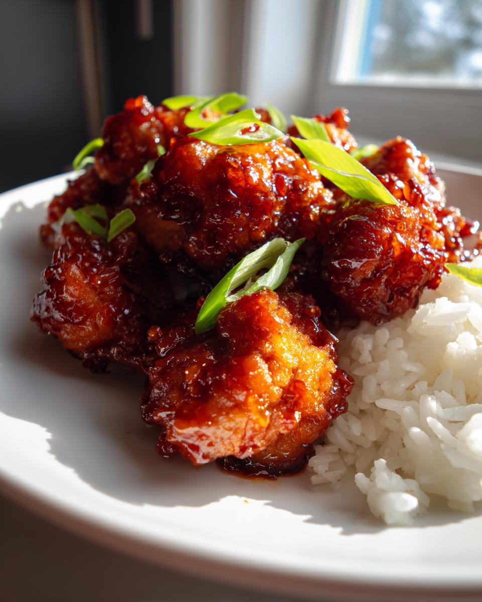 Close-up of sticky, glazed honey garlic chicken pieces served next to fluffy white rice and garnished with sliced green onions.